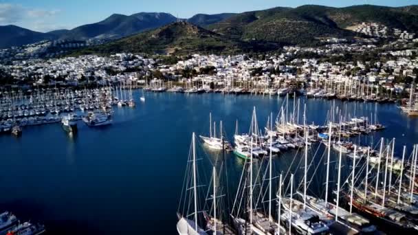 Niesamowity Widok Panoramiczny Drona Portu Bodrum Starożytnego Zamku Kalesi Turcji — Wideo stockowe