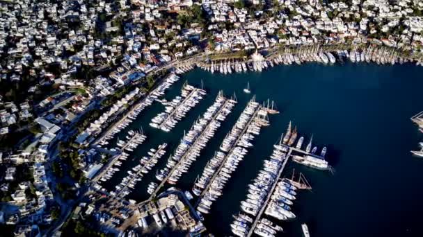 Increíble Vista Panorámica Desde Dron Hermosa Llena Yates Puerto Bodrum — Vídeos de Stock