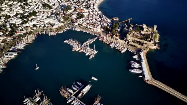 Increíble Vista Panorámica Desde Dron Hermosa Llena Yates Puerto Bodrum — Vídeos de Stock