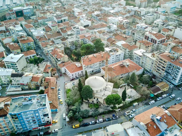 Aerial photograph of the capital of Aydin province - Aydin city from high point of drone fly in sunny day in Turkey. Amazing aerial cityscape view from birds fly altitude on beautiful city centre and parks.