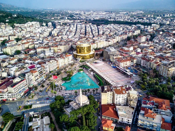 Aerial photograph of the capital of Aydin province - Aydin city from high point of drone fly in sunny day in Turkey. Amazing aerial cityscape view from birds fly altitude on beautiful city centre and parks.