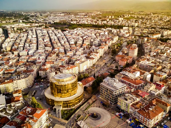 Aerial photograph of the capital of Aydin province - Aydin city from high point of drone fly in sunny day in Turkey. Amazing aerial cityscape view from birds fly altitude on beautiful city centre and parks.