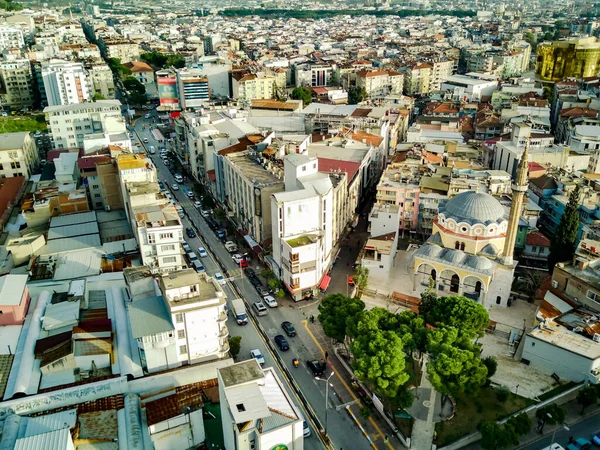 Aerial photograph of the capital of Aydin province - Aydin city from high point of drone fly in sunny day in Turkey. Amazing aerial cityscape view from birds fly altitude on beautiful city centre and parks.