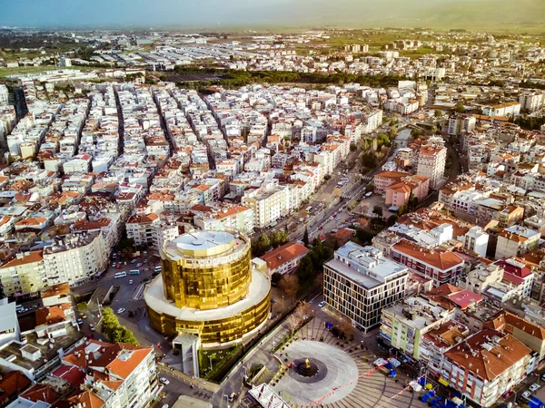 Aerial photograph of the capital of Aydin province - Aydin city from high point of drone fly in sunny day in Turkey. Amazing aerial cityscape view from birds fly altitude on beautiful city centre and parks.