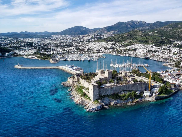 Menakjubkan Panorama Pandangan Dari Drone Pelabuhan Bodrum Dan Benteng Kalesi — Stok Foto