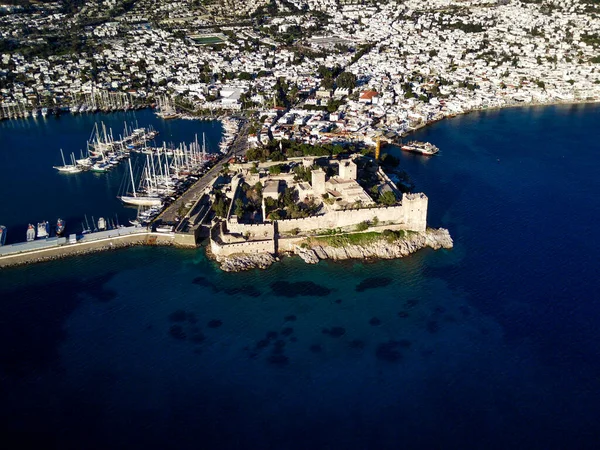 Niesamowity Widok Panoramiczny Drona Portu Bodrum Starożytnego Zamku Kalesi — Zdjęcie stockowe