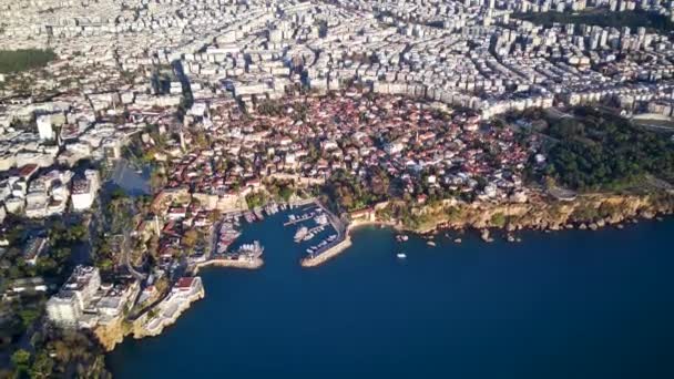 Fotografia Aérea Baía Antalya Cidade Antalya Ponto Alto Drone Voa — Vídeo de Stock