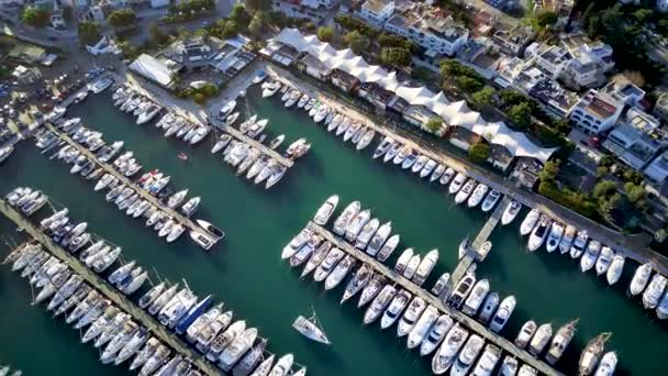 Fantastisk Panoramautsikt Från Drönare Vackra Full Båtar Bodrum Hamn Och — Stockvideo