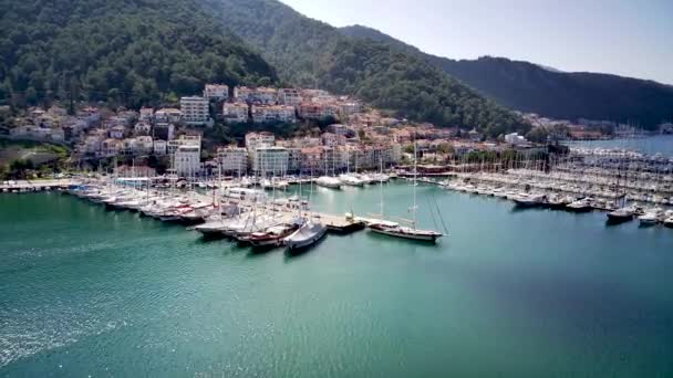 Vista Del Dron Hermosa Ciudad Fethiye Puerto Fethiye Lleno Yates — Vídeos de Stock