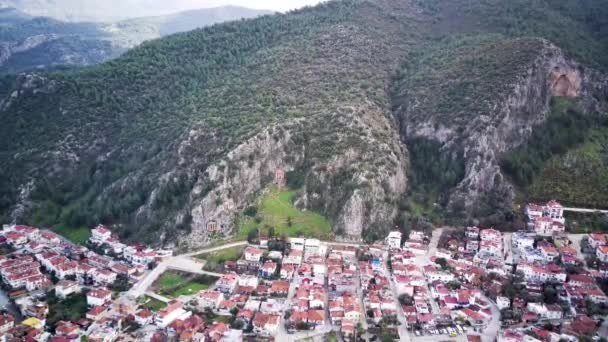 Drone View World Famous Unesco Tomb Amyntas Fethiye Rock Cutted — Stock Video