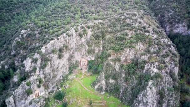 Drone Vista Sulla Famosa Tomba Unesco Amyntas Fethiye Roccia Tagliata — Video Stock