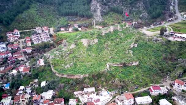 Drönare Syn Världsberömda Unesco Fethiye Riddare Slott Kulle Den Antika — Stockvideo