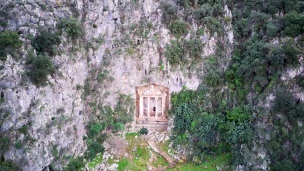 Drone Uitzicht Wereldberoemde Unesco Graf Van Amyntas Fethiye Rock Gesneden — Stockvideo