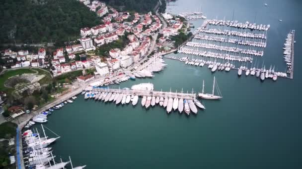 Drone Utsikt Över Vackra Fethiye Stad Och Fethiye Hamn Full — Stockvideo