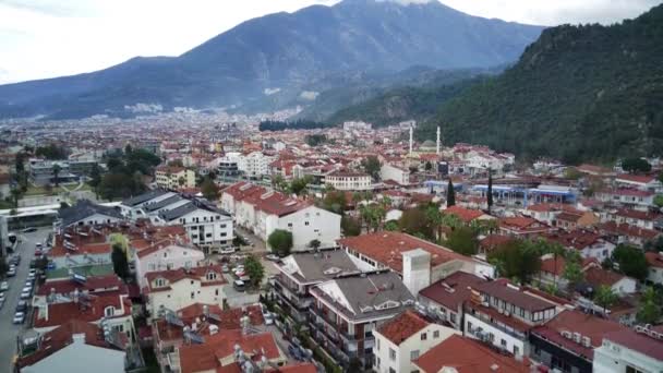 Drone Utsikt Över Vackra Fethiye Stad Och Fethiye Hamn Full — Stockvideo