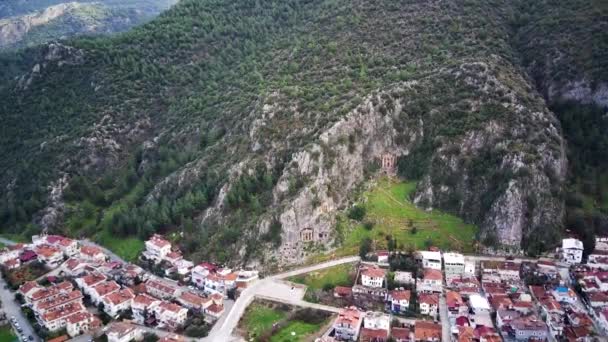 Drone View World Famous Unesco Tomb Amyntas Fethiye Rock Cutted — Stock Video