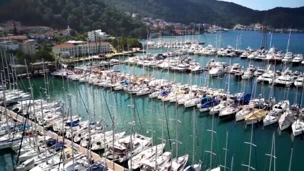 Drone Utsikt Över Vackra Fethiye Stad Och Fethiye Hamn Full — Stockvideo