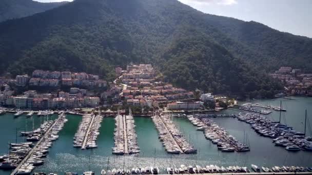 Drone Vista Sulla Bellissima Città Fethiye Fethiye Porto Pieno Yacht — Video Stock