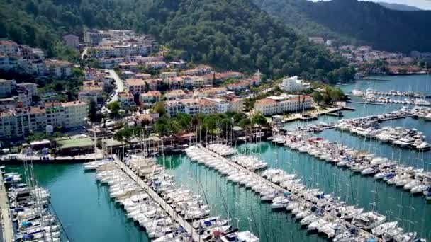 Vista Del Dron Hermosa Ciudad Fethiye Puerto Fethiye Lleno Yates — Vídeos de Stock