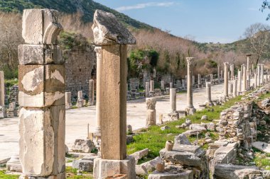 Selcuk 'taki Ephesus Celsus Kütüphanesi (İzmir), Türkiye. Mermer heykel, Türkiye 'nin Efes kentindeki Celcus Kütüphanesi' nde Bilgelik Tanrıçası Sophia 'ya ait. Eski antik şehrin kalıntıları..