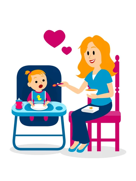 Maman belle nourrir son bébé fille clipart — Image vectorielle