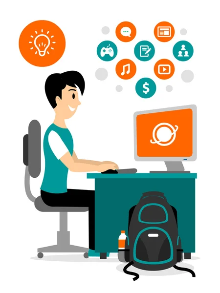 Teenage Boy Browsing Internet to Access Any Contents Clipart — Stock Vector