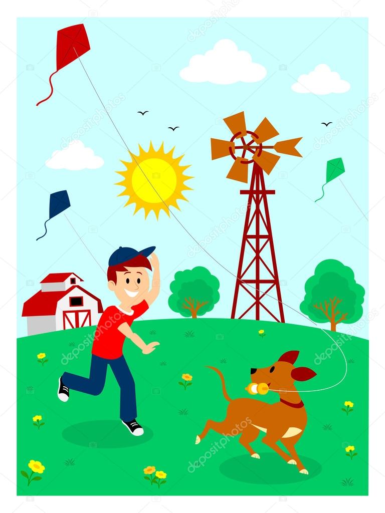 Boy Playing Kite with His Dog Clipart