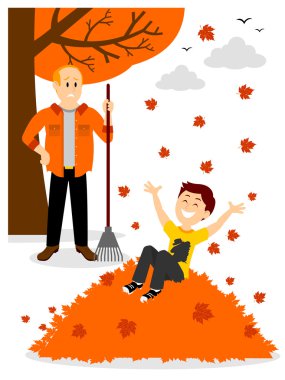 Çocuk bir yaprak yığını Clipart atlama