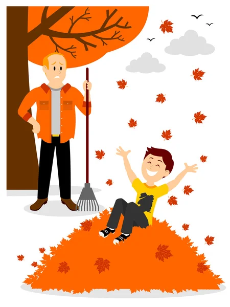 Niño saltando en una pila de hojas Clipart — Vector de stock