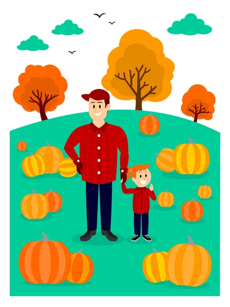 Far och dotter plocka en pumpa Clipart — Stock vektor