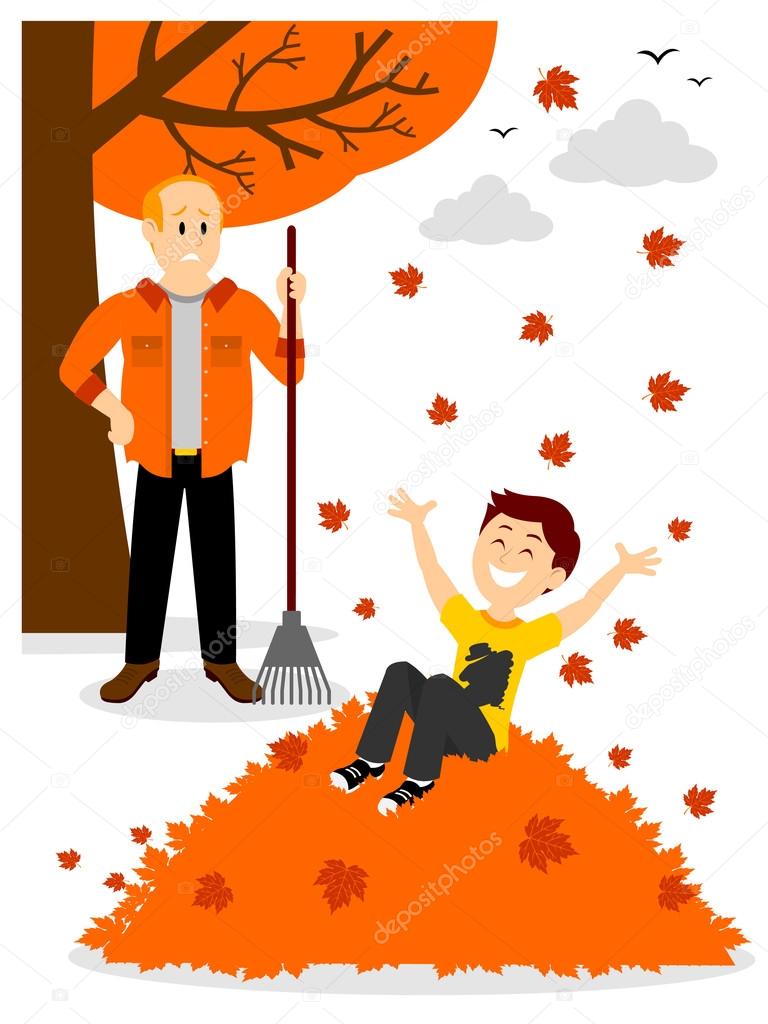 Boy Jumping in a Leaf Pile Clipart