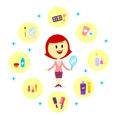 Bir kadın kozmetik ürün çeşitliliği ile