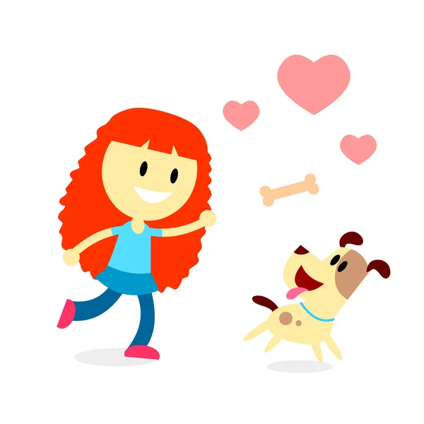 Girl Play Catch The Bone with Her Dog — Διανυσματικό Αρχείο