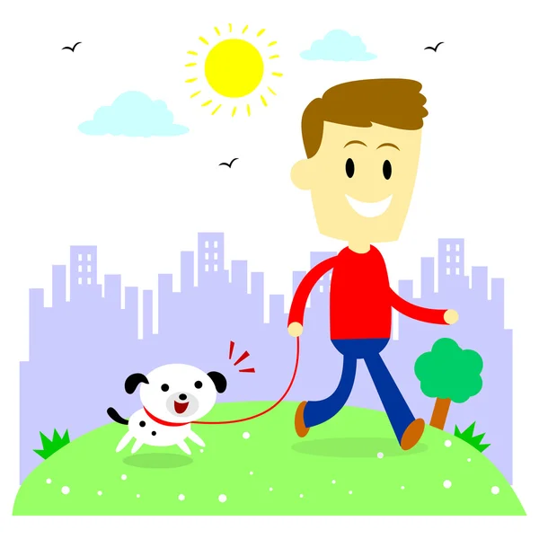 Un homme emmène son chiot faire une promenade au parc — Image vectorielle