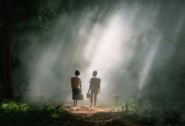 Мальчик и девочка отправляются в поход по лесу — стоковое фото