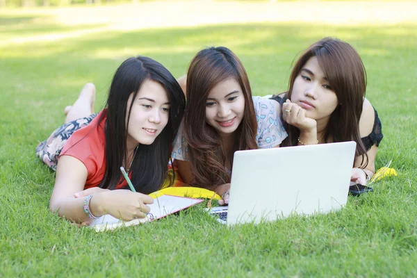 Étudiant couché sur l'herbe travaillant sur ordinateur portable — Photo