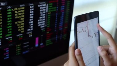 Yatırımcılar hisse senedi ticareti yapıyor. Akıllı telefonlar ve bilgisayarlar kullanarak