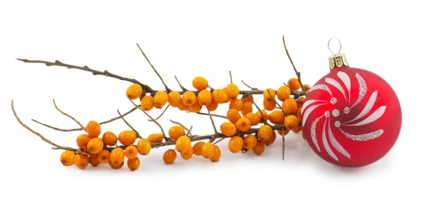 Ornamenti natalizi e ramo di bacche di olivello spinoso isolato — Foto Stock