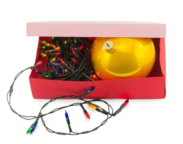 Electric Garland and ball in box isolated on white background — Stock Photo, Image