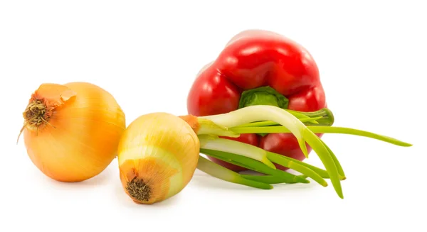 With onion sprouts and red peppers isolated on a white backgroun — Stock Photo, Image