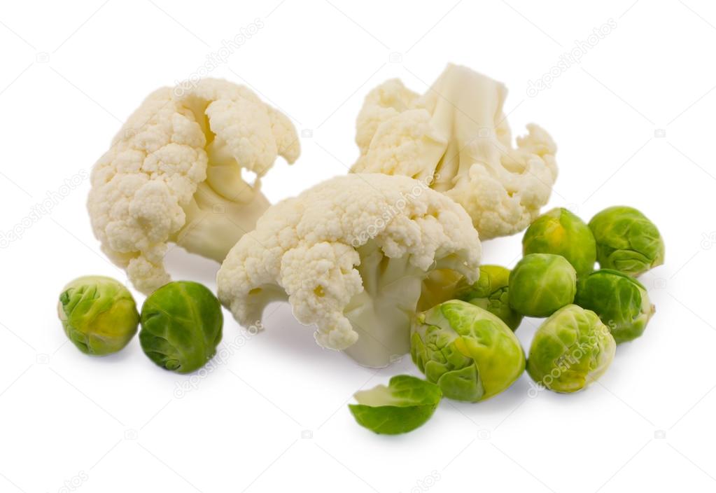 brussels sprouts and cauliflower isolated on white background