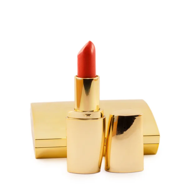 Gold lipstick and powder isolated on white background — Stock Photo, Image