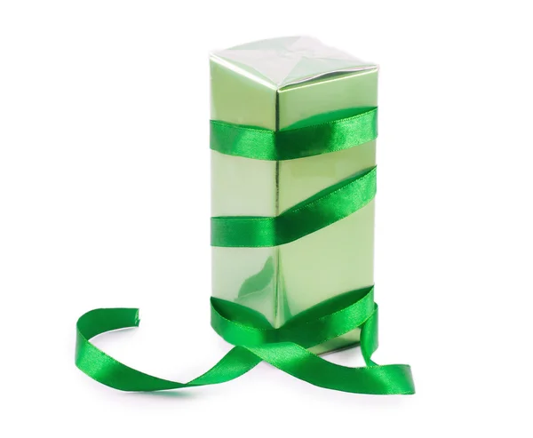 Green box with perfume and ribbon isolated on white background — Stock Photo, Image