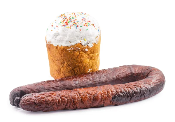 Sausage and cake isolated on white background — Stock Photo, Image