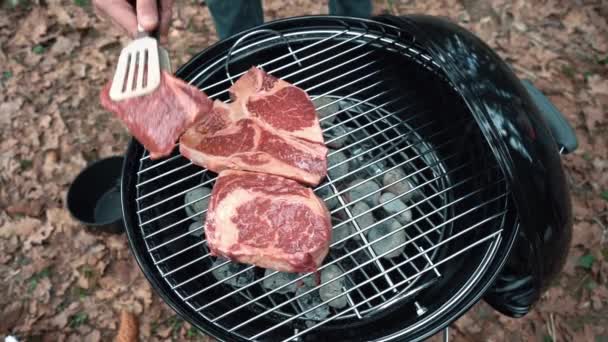 Šťavnaté mramorované hovězí steaky se grilují v lese. zpomalený pohyb — Stock video