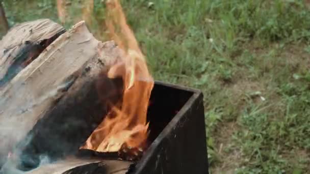 Fuego ardiendo en la parrilla. Madera ardiendo en la parrilla. Camping el fin de semana. Preparación de carbones para cocinar a la parrilla. Hermoso movimiento de llama de fuego vívida. Fondo borroso. 4k — Vídeos de Stock