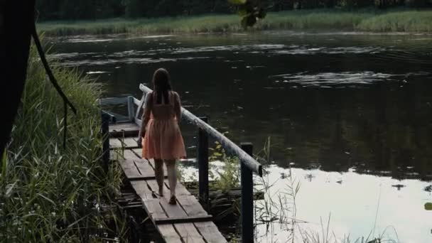 Chica camina a lo largo de un estrecho puente de madera a través del río en un vestido corto de verano. Las aves vuelan sobre el agua. Concepto de viaje. — Vídeos de Stock