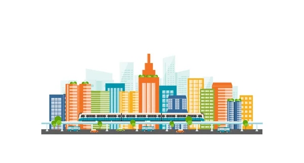 Capital.downtown.electric train. transporte. color edificio completo — Vector de stock