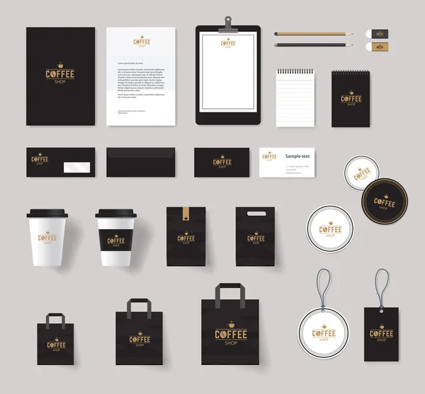 Identidade de marca corporativa modelo mock up para café e restaurante. card .menu.vector.stationary.packaging, black.paper —  Vetores de Stock