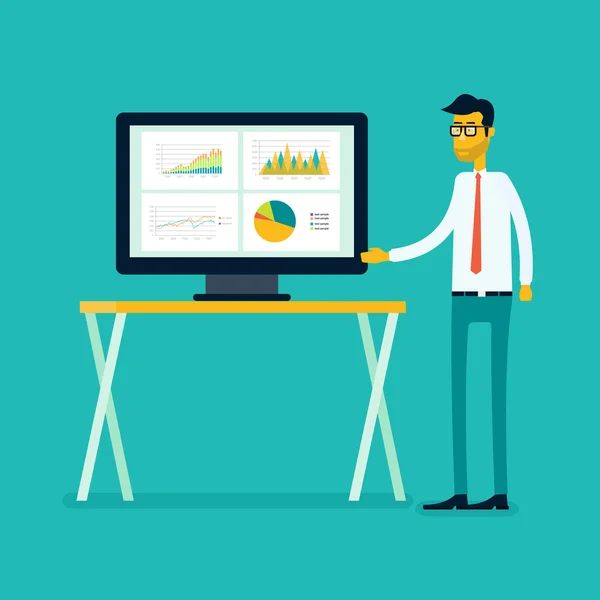 Geschäftsmann präsentiert auf dem Armaturenbrett Diagramm Bericht. Business Analytic auf dem Monitor — Stockvektor